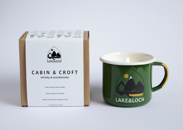 cabin and croft whisky and smoke camping mug candle 