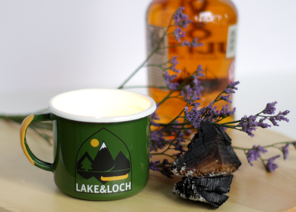 cabin and croft whisky and smoke camping mug candle 
